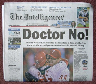 (image for) Roy Halladay No Hitter The Intelligencer October 7, 2010 - Click Image to Close